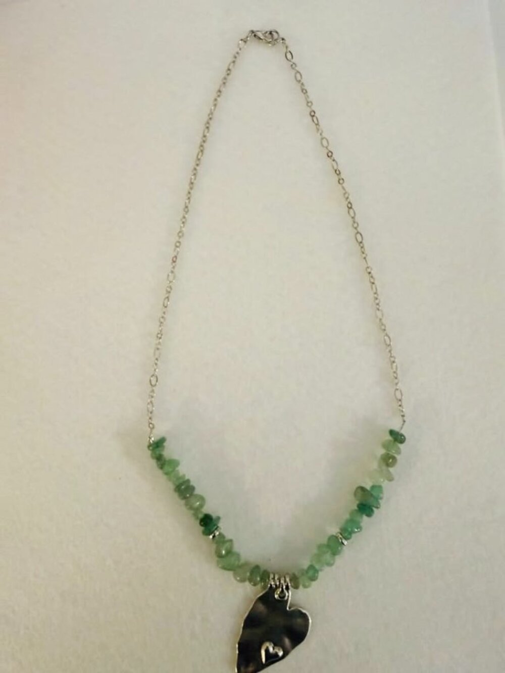 Handmade Green Stone Chip Beaded Necklace w/Hammered Heart Pendant